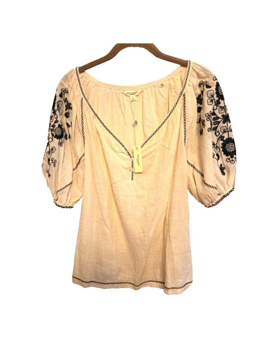 Max Studio Embroidered Blouse Top Boho Relaxed Small Blouson Sleeve Black Stitch